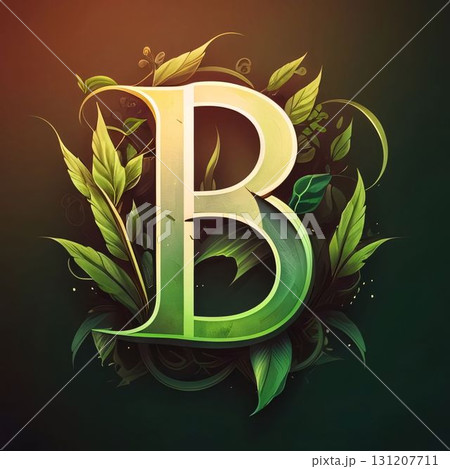 Letter B with leaves and floral elements on dark background. Vector illustration. 131207711