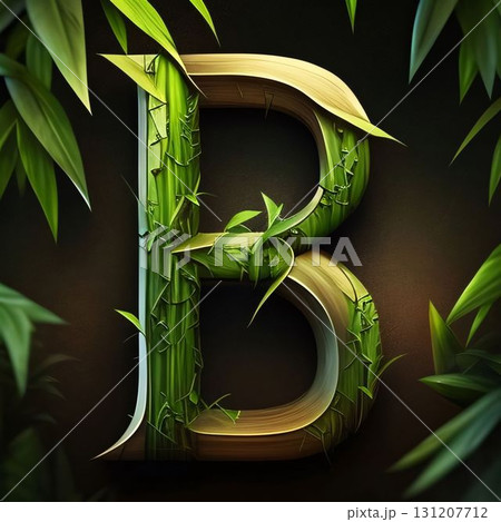 B letter with green bamboo leaves and dark brown background - 3d render 131207712