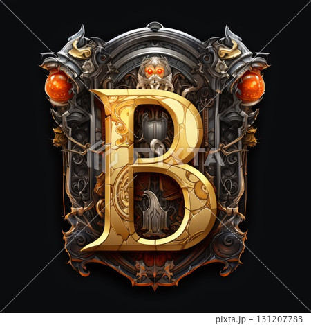Golden letter B with Halloween decorations on black background. 3d render 131207783