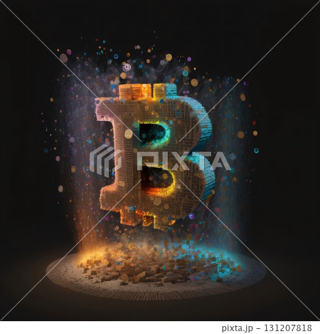 Bitcoin symbol made of colorful particles, digital currency concept. 3D rendering Letter B Bitcoin symbol made of colorful particles, digital currency concept. 3D rendering Letter B 131207818