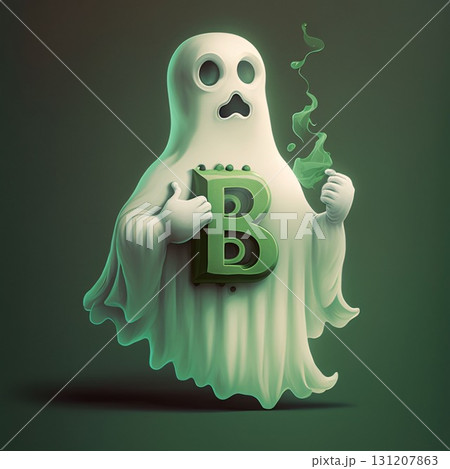 ghost with bitcoin sign on a dark green background. 3d illustration Letter B 131207863
