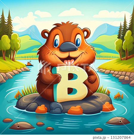 Vector illustration of Cartoon beaver holding letter B in the nature background Vector illustration of Cartoon beaver holding letter B in the nature background 131207864