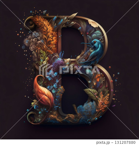Beautiful letter B with floral ornament and birds. 3D rendering Beautiful letter B with floral ornament and birds. 3D rendering 131207880