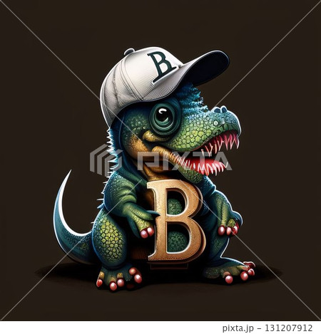 Cute dinosaur in baseball cap with letter B. 3d rendering 131207912