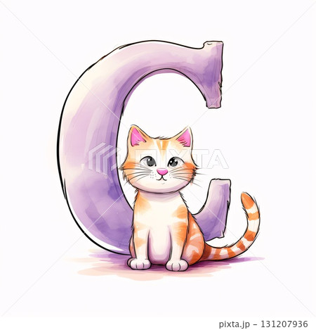Cute cat with letter C. Cartoon vector illustration on white background. Cute cat with letter C. Cartoon vector illustration on white background. 131207936