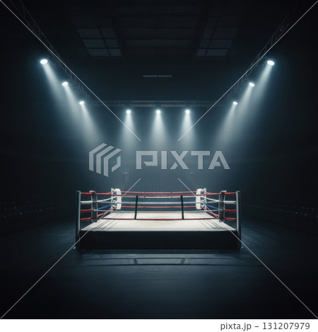 Bright spotlights shine on a boxing ring creating a dramatic scene in a dark arena. The atmosphere is tense showcasing a space ready for competition. 131207979