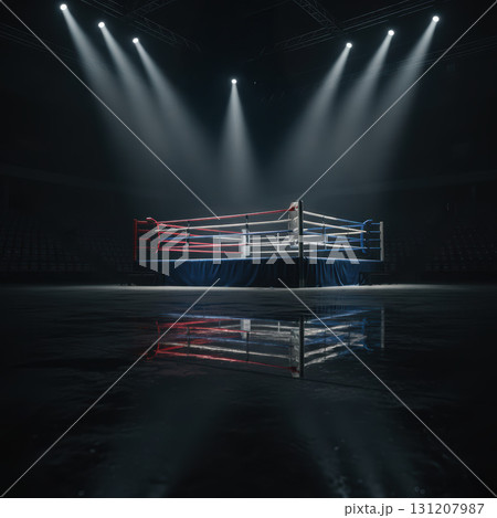 boxing ring stands center stage in a dark arena illuminated by strong overhead lights. The bright red and blue ropes contrast with the reflective flooring creating an electrifying atmosphere. 131207987