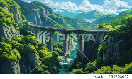 The ancient stone bridge, built for rice farmers, spans the river in a narrow mountain gorge. 131208097