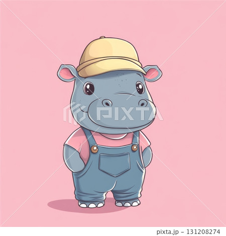 Cute Cartoon Hippo Wearing Overalls and Yellow Hat on Pink Background | Adorable Baby Hippopotamus Character Illustration for Kids 131208274