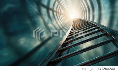 Wooden ladder ascending into a bright light at the end of a swirling tunnel, symbolizing ambition and personal development journey 131208288