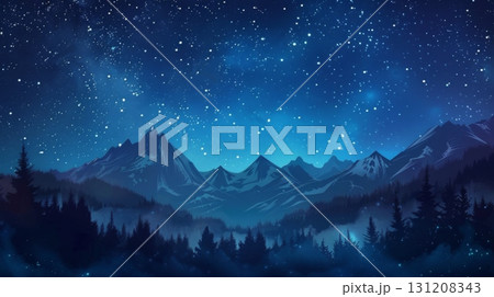 Beautiful Night Landscape with Moon, Stars, Mountains, and Lake Vector Illustration 131208343