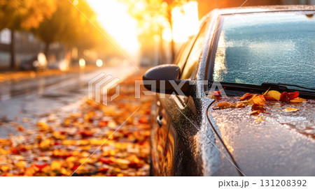 Car parked on a wet street covered with colorful autumn leaves, illuminated by warm sunlight, creating a serene fall atmosphere with reflections Car parked on a wet street covered with colorful autumn leaves, illuminated by warm sunlight, creating a serene fall atmosphere with reflections 131208392
