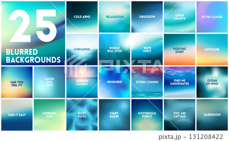 BIG set of 25 square blurred nature turquoise backgrounds. With various quotes. Sunset and sunrise sea sky blurred blue background 131208422