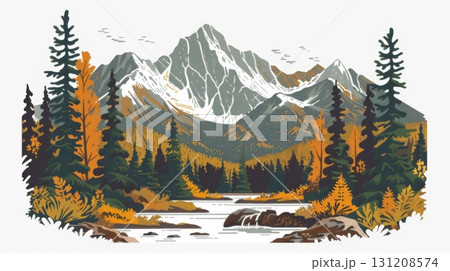 Majestic Mountain Landscape with River and Pine Forest Vector Illustration in Nature Scenery 131208574