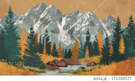 Majestic Mountain Landscape with River and Pine Forest Vector Illustration in Nature Scenery 131208577