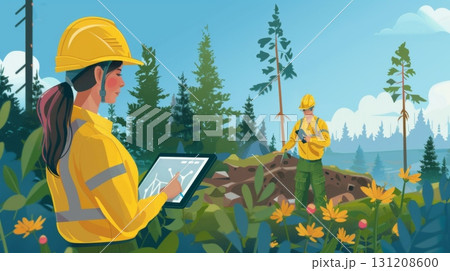 Young Asian woman in a yellow hard hat and gray work uniform using a tablet in a lush green forest. Natural light filters through the trees. 131208600