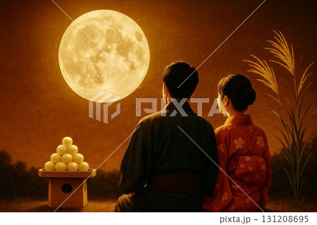 お月見イメージ　ススキ　満月　月見団子　お月見デート　フォトリアル 131208695