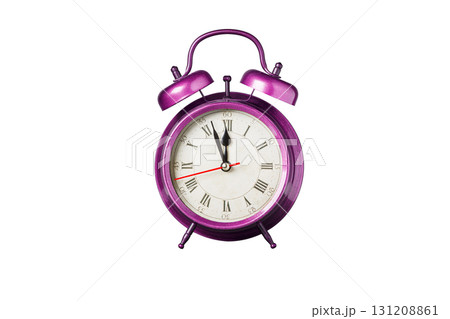 retro clock, pointer clock, pink color alarm clock on isolated white background 131208861