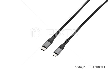 Black cable for charging and synchronization with Type - C, USB, Micro USB, Lightning connectors on a white background Black cable for charging and synchronization with Type - C, USB, Micro USB, Lightning connectors on a white background 131208911