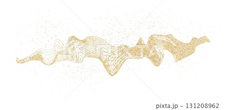 Dynamic golden waves with small particles. Golden curved dashed gradient net. Abstract stipple flow, shine undulate pattern. Vector holiday dotted flying particles 131208962