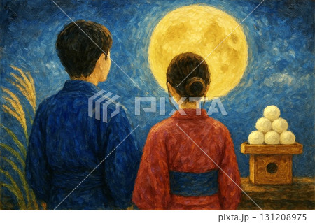お月見イメージ　ススキ　満月　月見団子　お月見デート　油彩画 131208975