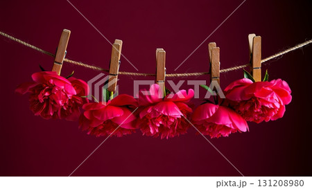 Deep burgundy peonies tied with twine and draped over clothesline, floral still life on dark red background Deep burgundy peonies tied with twine and draped over clothesline, floral still life on dark red background 131208980