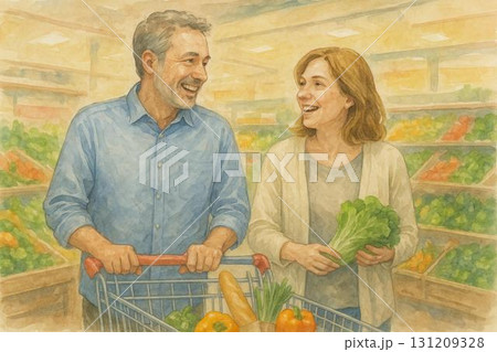 夫婦　カップル　買い物　スーパーマーケット　水彩画 131209328