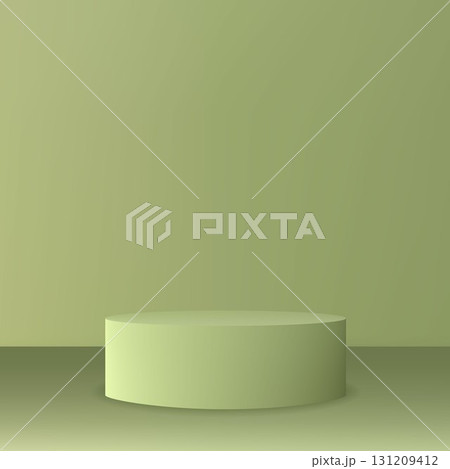Modern cylindrical stand for presentation on a light-green studio backdrop. 131209412