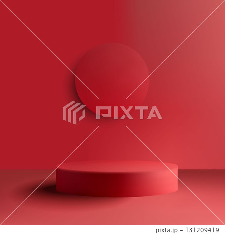 Modern red cylindrical stand for presentation on an elegant red backdrop. Modern red cylindrical stand for presentation on an elegant red backdrop. 131209419