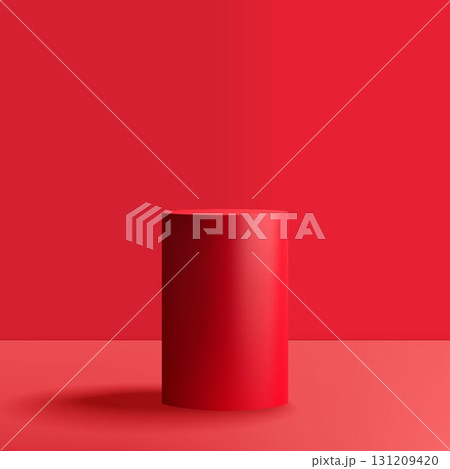 An elegant red 3D pedestal for advertising products in vibrant saturated tones. 131209420