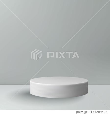 An elegant gray-blue empty podium for product demonstration on a gray background. 131209422