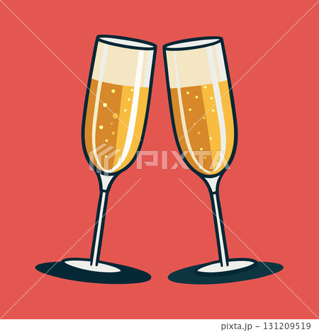 Champagne glass pair. Wedding or new year toast with sparkling drink. Flat retro vector illustration 131209519