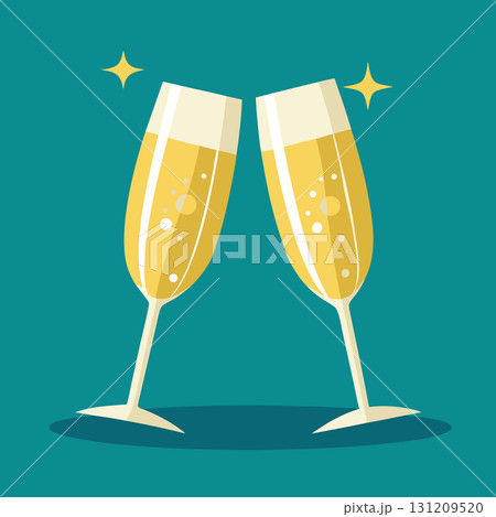 Champagne glass pair. Festive champagne clink with bubbles. Cartoon vector illustration 131209520