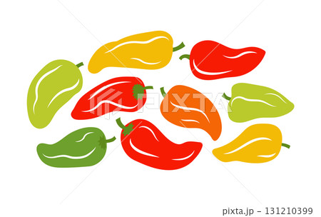 Bunch of green, yellow and red sweet peppers. Color vector illustration isolated on white background. Bunch of green, yellow and red sweet peppers. Color vector illustration isolated on white background. 131210399