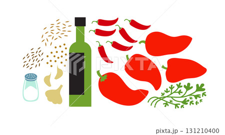 Hot pepper sauce or paste Harissa fresh raw ingredients set. Flat vector illustration isolated on white background. 131210400
