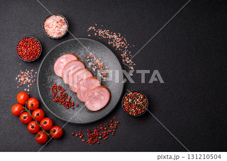 Sliced ham, meat, pork or turkey sausage for sandwiches. Ham slices, food 131210504