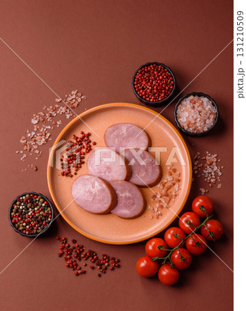 Sliced ham, meat, pork or turkey sausage for sandwiches. Ham slices, food Sliced ham, meat, pork or turkey sausage for sandwiches. Ham slices, food 131210509