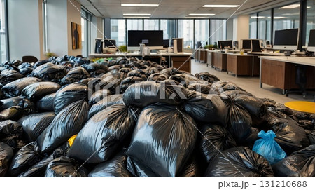 A pile of black trash bags fills a modern office space. The concept of disorder, the company's environmental issues, and the lack of corporate culture and chaos A pile of black trash bags fills a modern office space. The concept of disorder, the company's environmental issues, and the lack of corporate culture and chaos 131210688