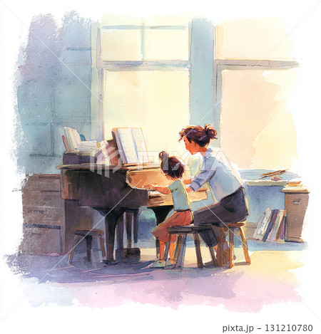 水彩風の先生と子どものピアノレッスン風景イラスト 131210780