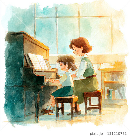 母親と子どもが一緒にピアノを弾く水彩風イラスト 母親と子どもが一緒にピアノを弾く水彩風イラスト 131210781