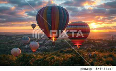 Hot air balloons drifting above forest during sunset 131211331