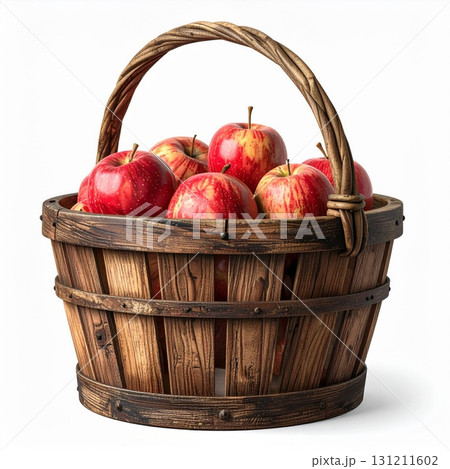 Wicker Basket Full of Red Apples with Stems on a White Background in Natural Light 131211602