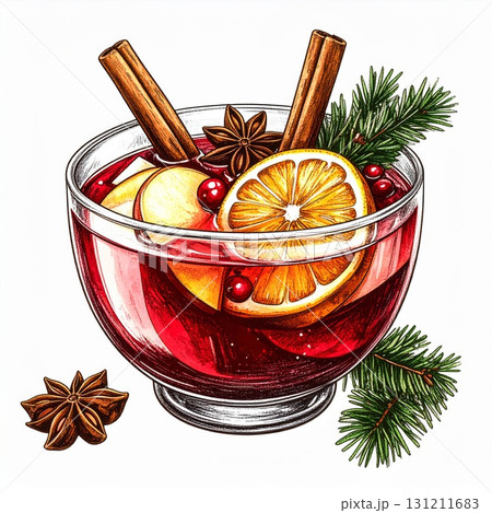 Festive Mulled Wine in Glass Bowl with Cinnamon Sticks and Star Anise 131211683