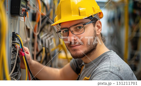 An engineer in workwear and a hard hat is working on an electrical box 131211701