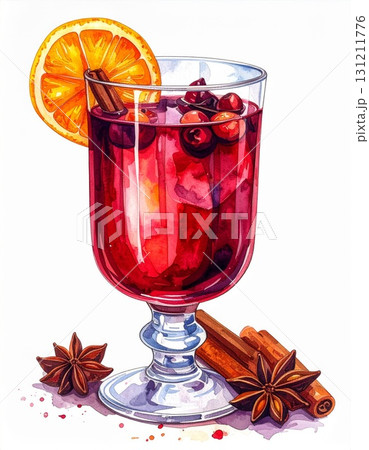 Festive Watercolor Mulled Wine Glass with Orange Slice and Spices 131211776