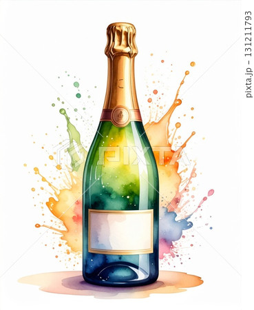 Elegant Watercolor Champagne Bottle with Golden Foil and Colorful Splash Elegant Watercolor Champagne Bottle with Golden Foil and Colorful Splash 131211793