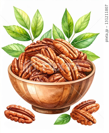 Wooden Bowl Filled with Brown Pecan Nuts and Green Leaves Isolated on White Wooden Bowl Filled with Brown Pecan Nuts and Green Leaves Isolated on White 131211807