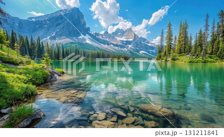 A lake embraced by mountains and trees, with a distant peak in the background 131211841