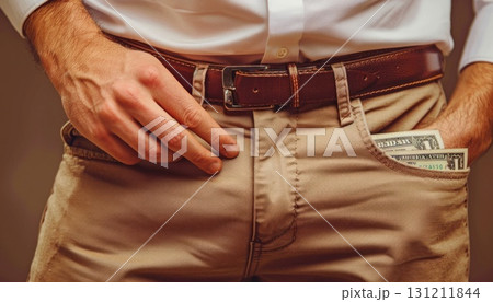 A man is slipping money into his pocket on the thigh of his outerwear 131211844