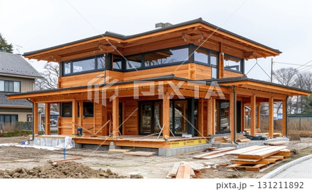 Building a large wooden house in a dirt field under the sky 131211892